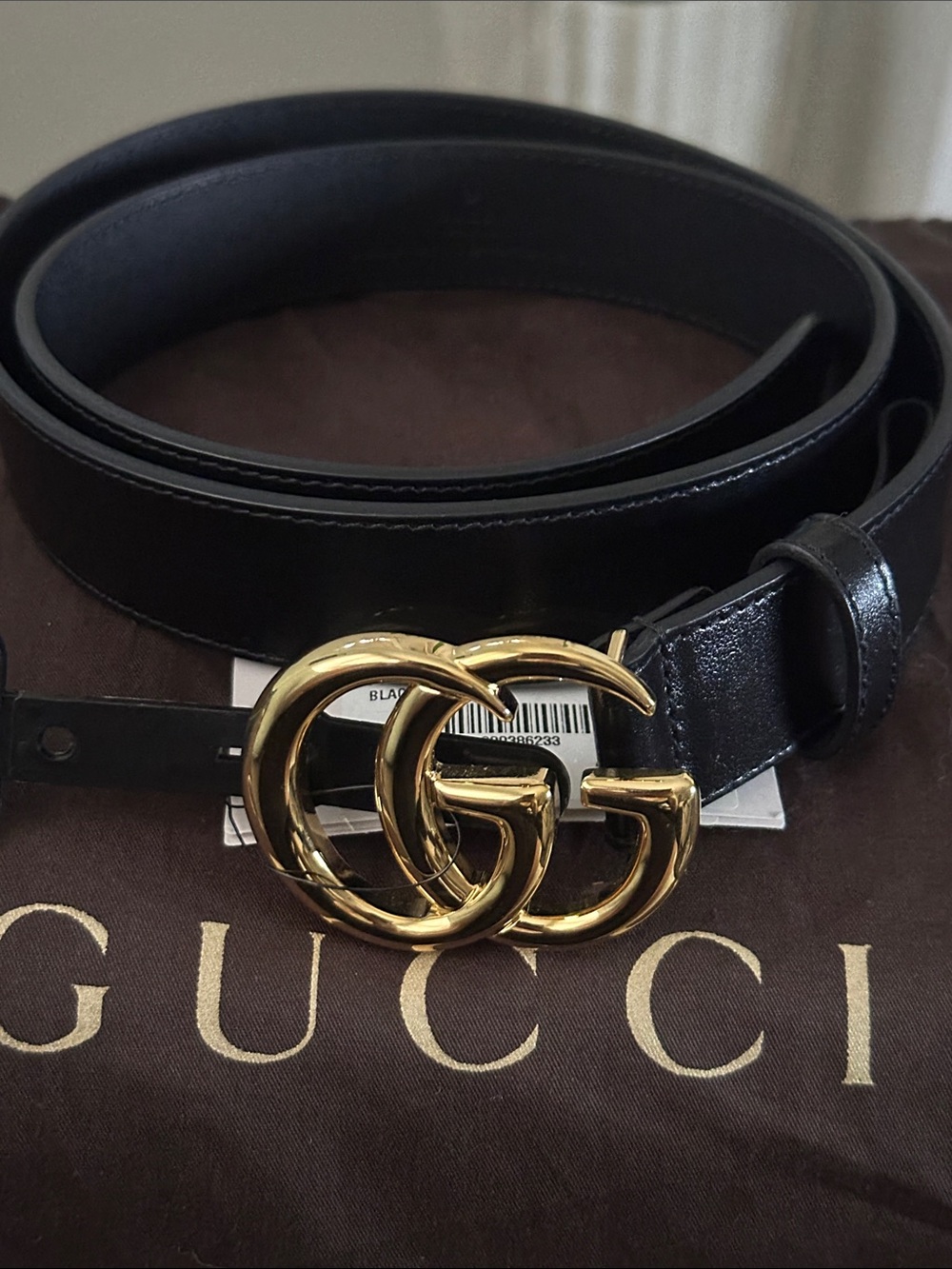 Gucci Black Leather Belt with Gold Double G Interlocking Buckle